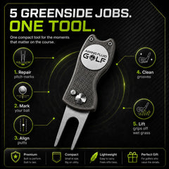 Aiming Fluid Golf open switchblade with stainless steel prongs for precise greens repair benefit