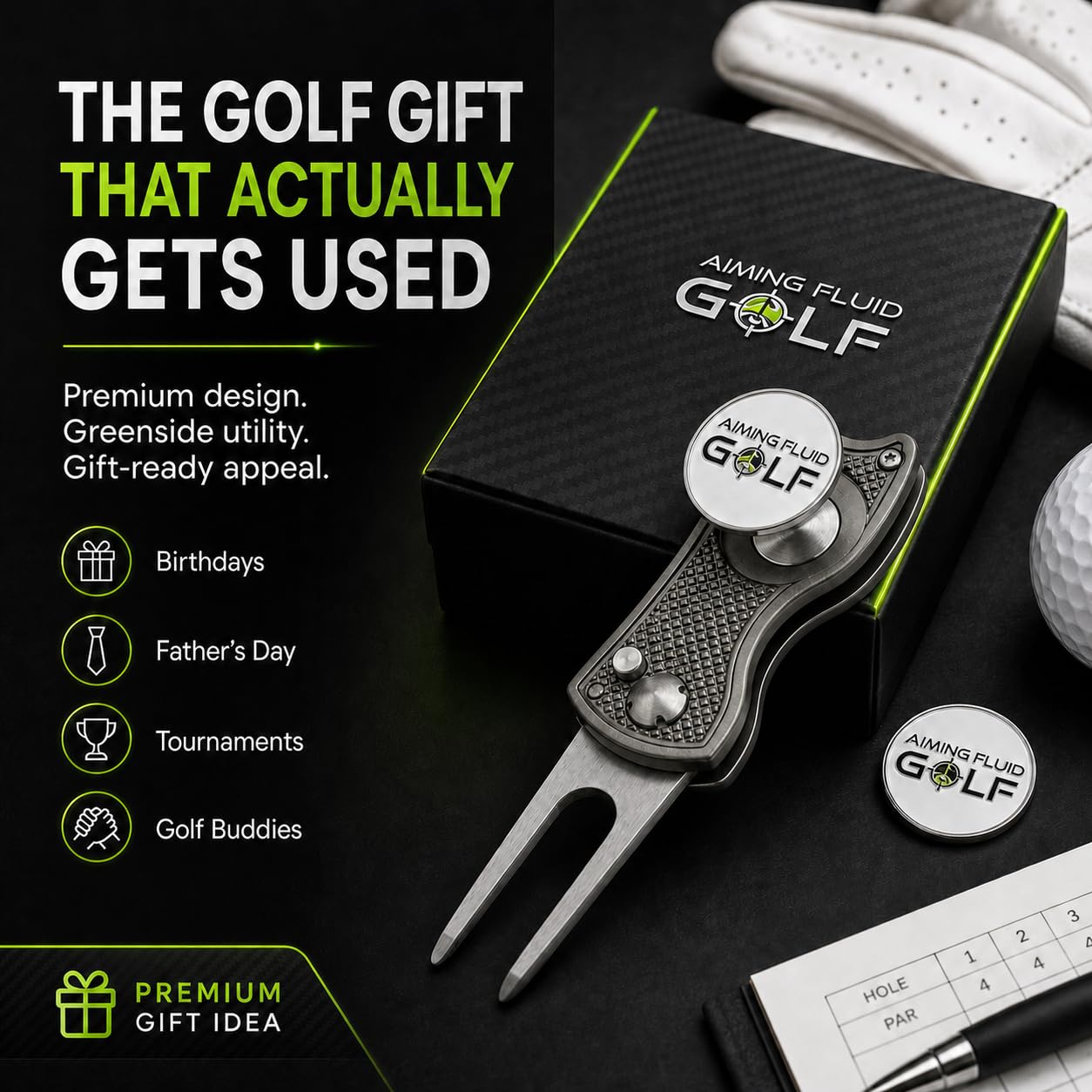 Aiming Fluid Golf tool with accessories in packaging illustrating gift readiness benefit