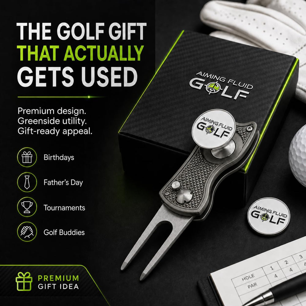 Aiming Fluid Golf tool with accessories in packaging illustrating gift readiness benefit
