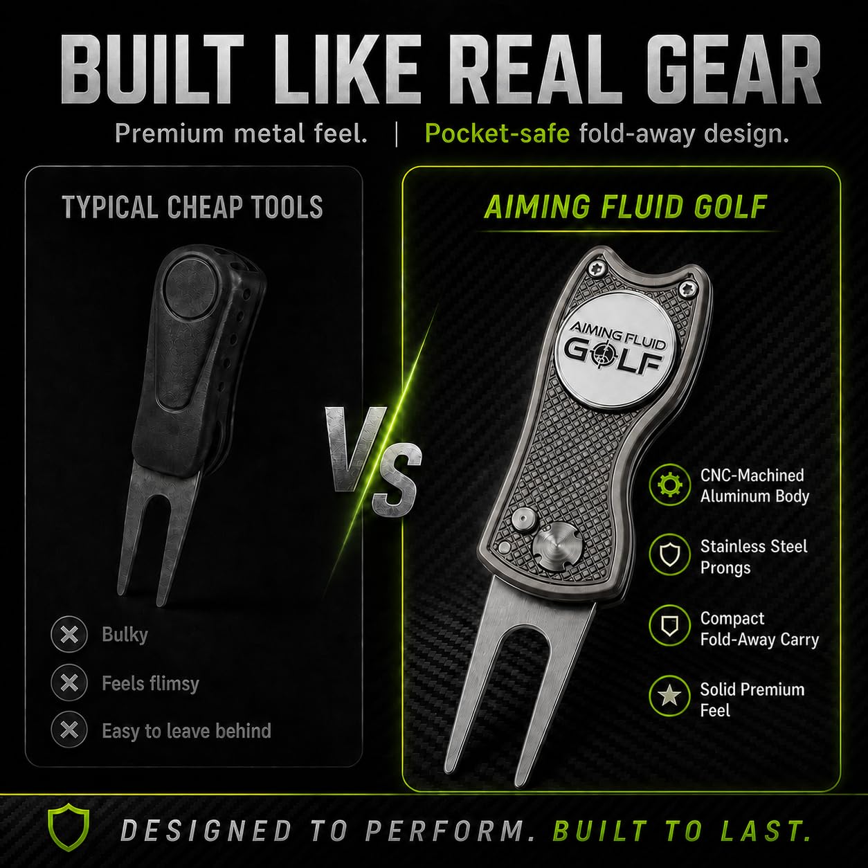 Aiming Fluid Golf tool in a pocket to show compact scale and travel convenience benefit