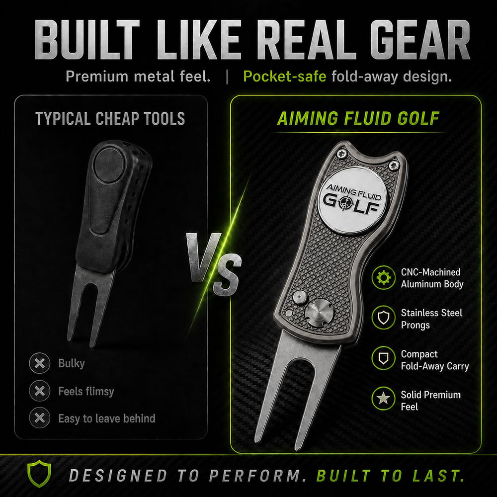 Aiming Fluid Golf tool in a pocket to show compact scale and travel convenience benefit