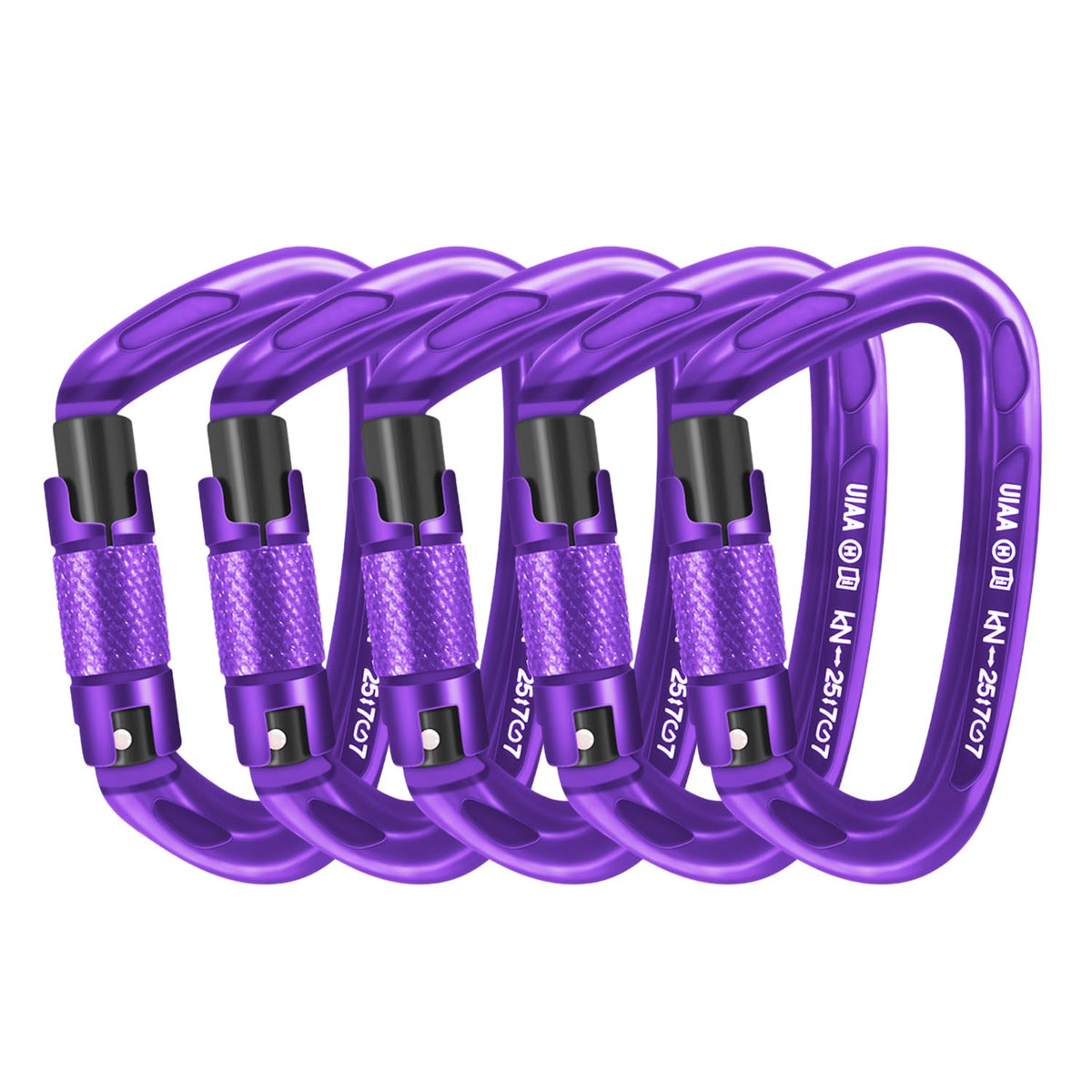 AINIKEY purple five-pack front view showing organized carabiners and secure hardware