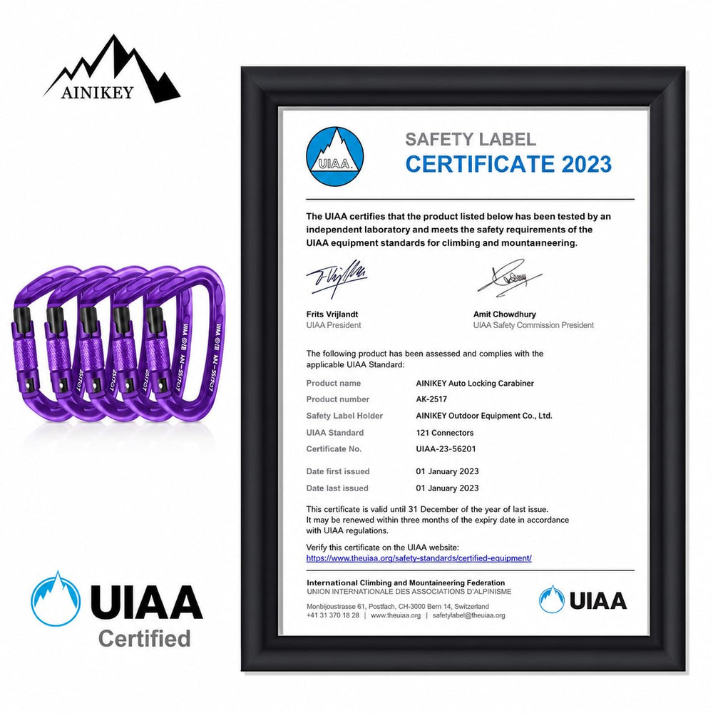 AINIKEY carabiner beside a ruler and harness showing compact size and fit