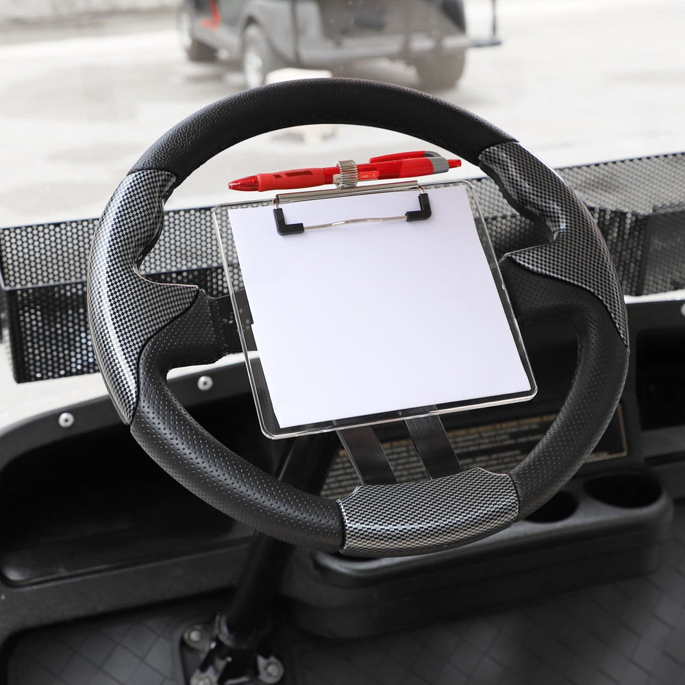AIPSET mounted on a Club Car steering wheel showing stable attachment benefit