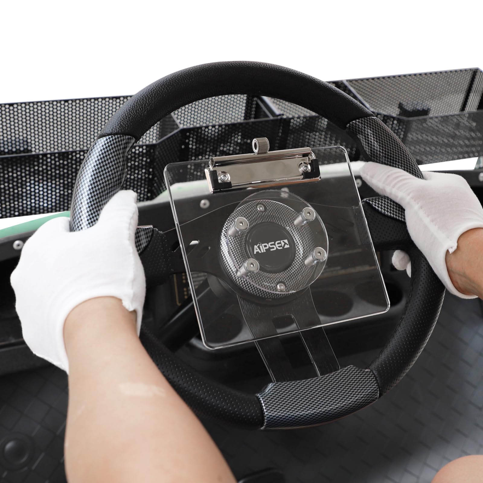 AIPSET mounted on an EZGO steering wheel demonstrating universal fit benefit