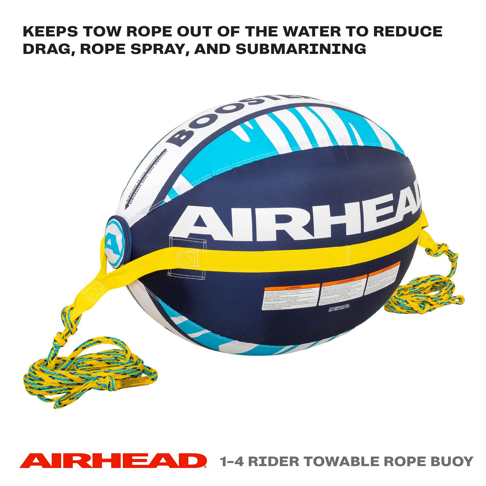 AIRHEAD Booster Ball rope connection detail showing secure two-ended attachment benefit