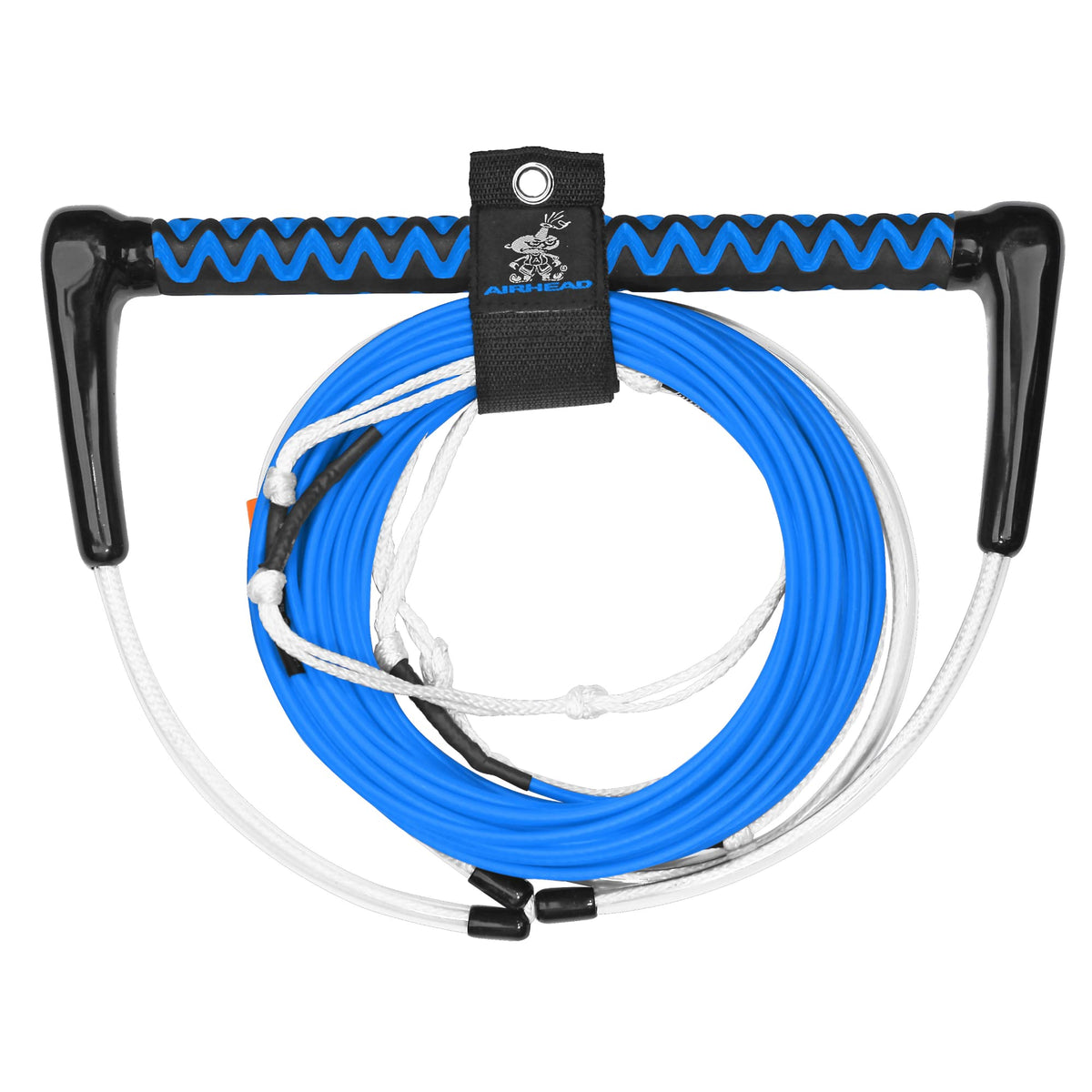 AIRHEAD front view of full 70 ft rope showing handle and color, durable tow line benefit