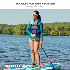 airhead GEO worn by child in boat, brand ensures secure boating fun