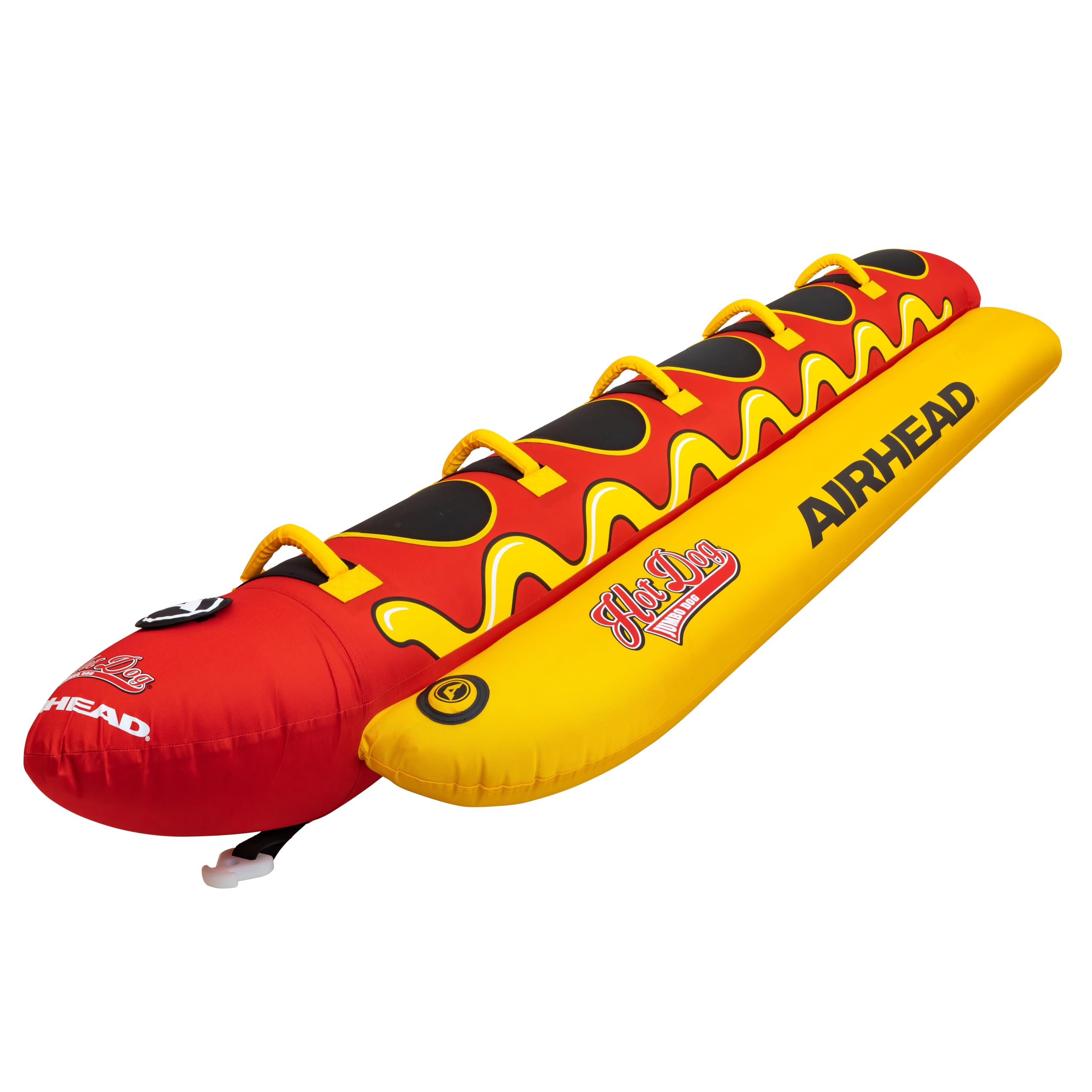 AIRHEAD Jumbo Dog front view showing hot dog shape and grab handles for group fun