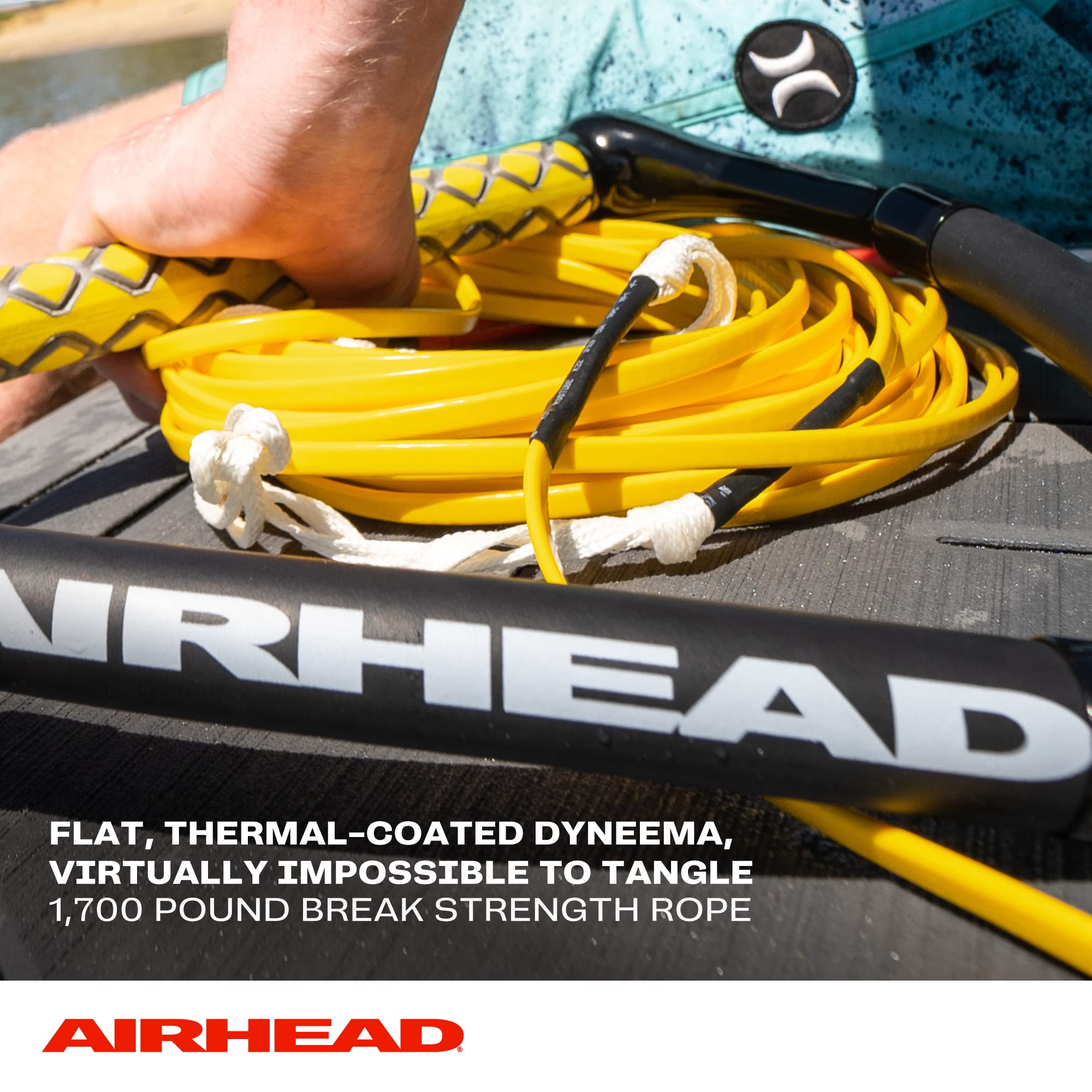 Airhead tow rope assembled on dock ready for use, demonstrating quick setup