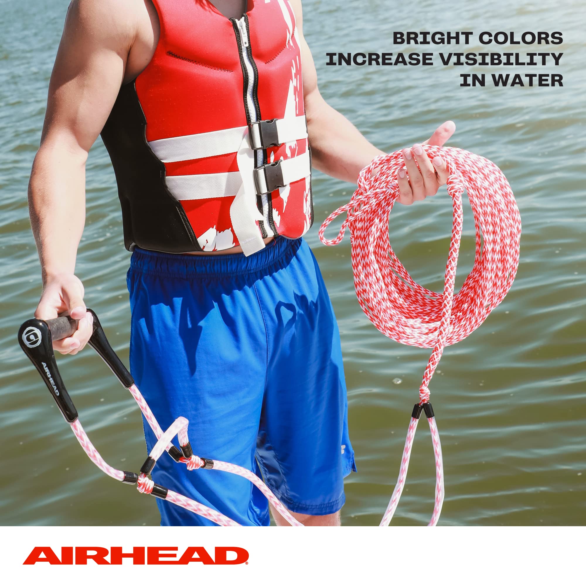 AIRHEAD rope held by hand to show scale and 75 foot length, communicates easy handling