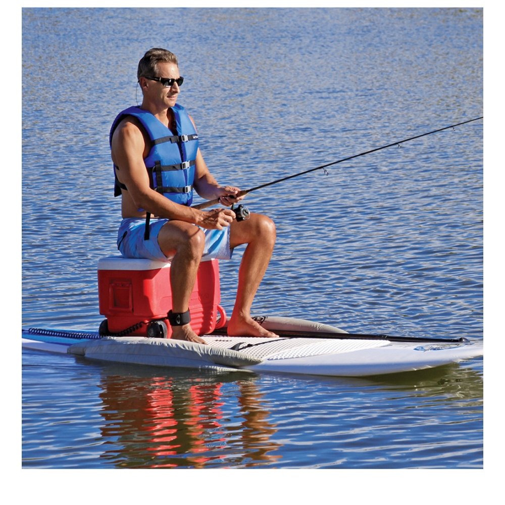 AIRHEAD stabilizers attached to SUP demonstrating increased stability for fishing