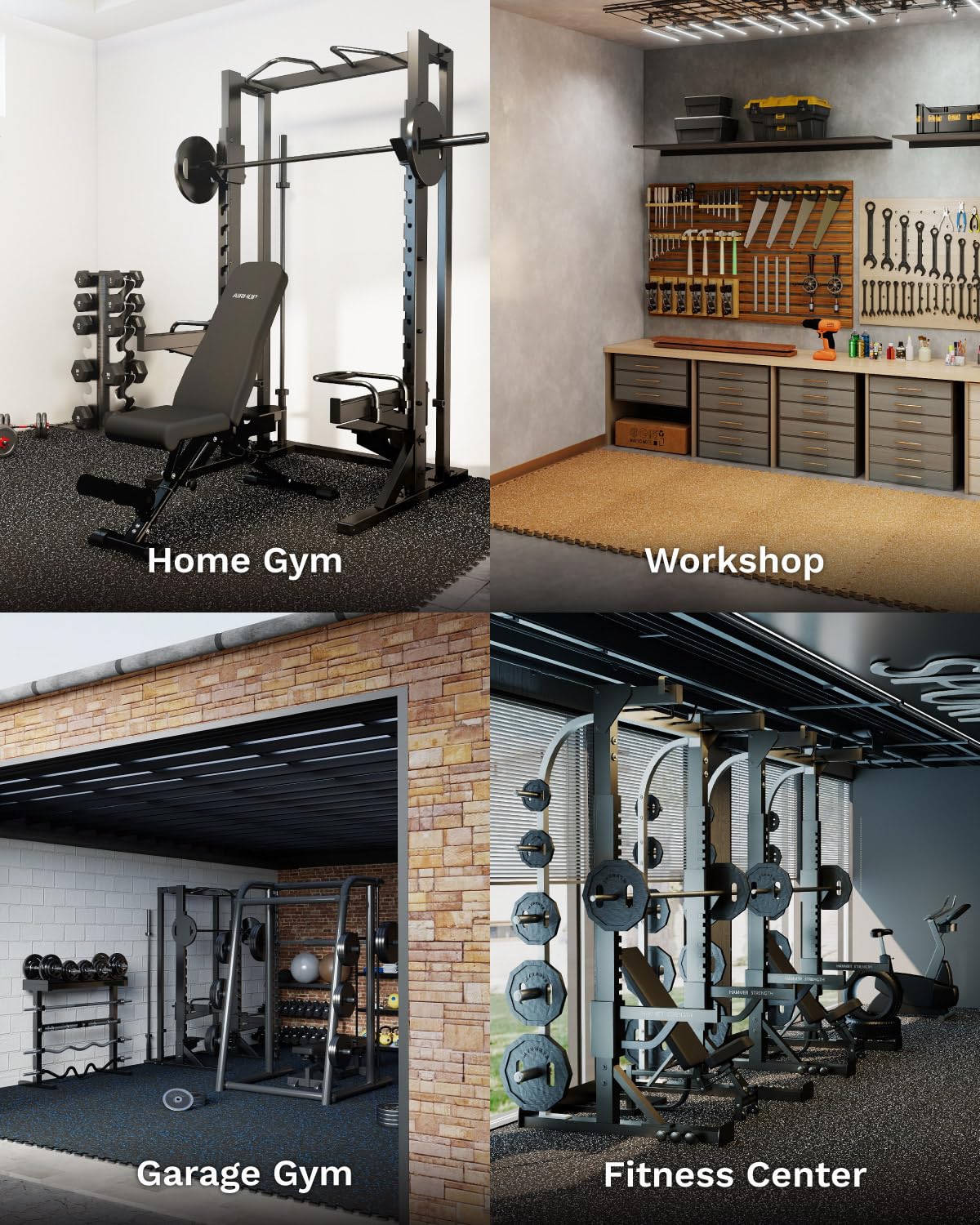 AIRHOP tiles in a basement workout scene showing comfortable, quiet surface for family use