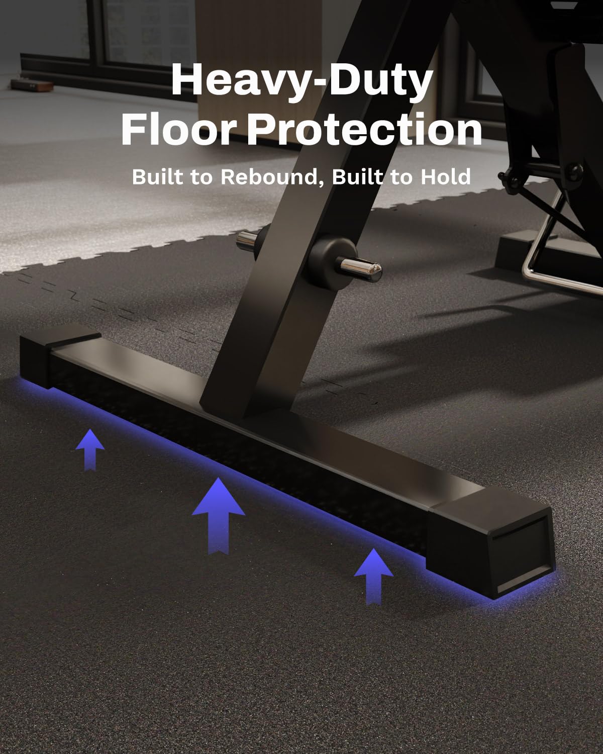 AIRHOP installed in a home gym with bench showing stable exercise surface