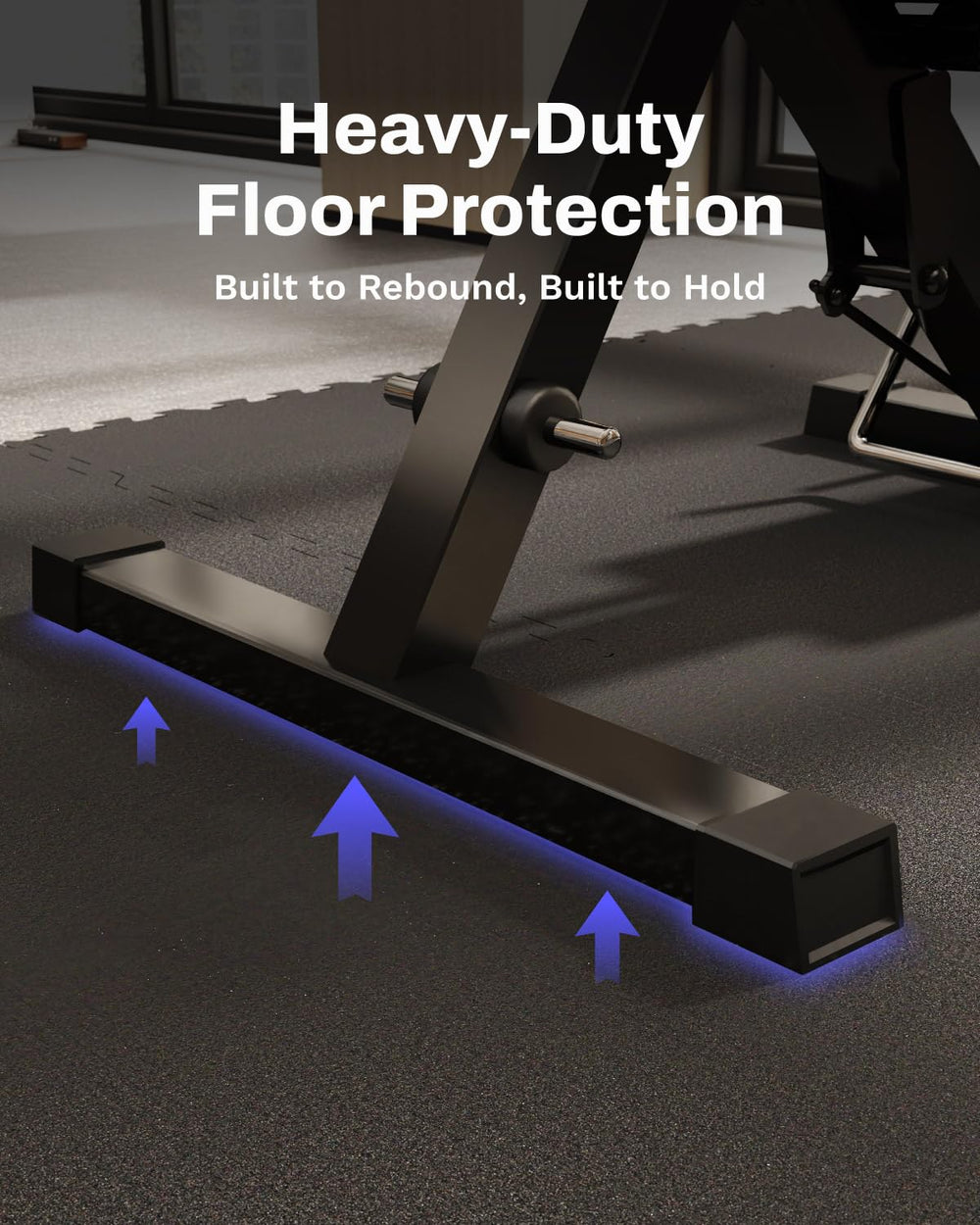 AIRHOP installed in a home gym with bench showing stable exercise surface