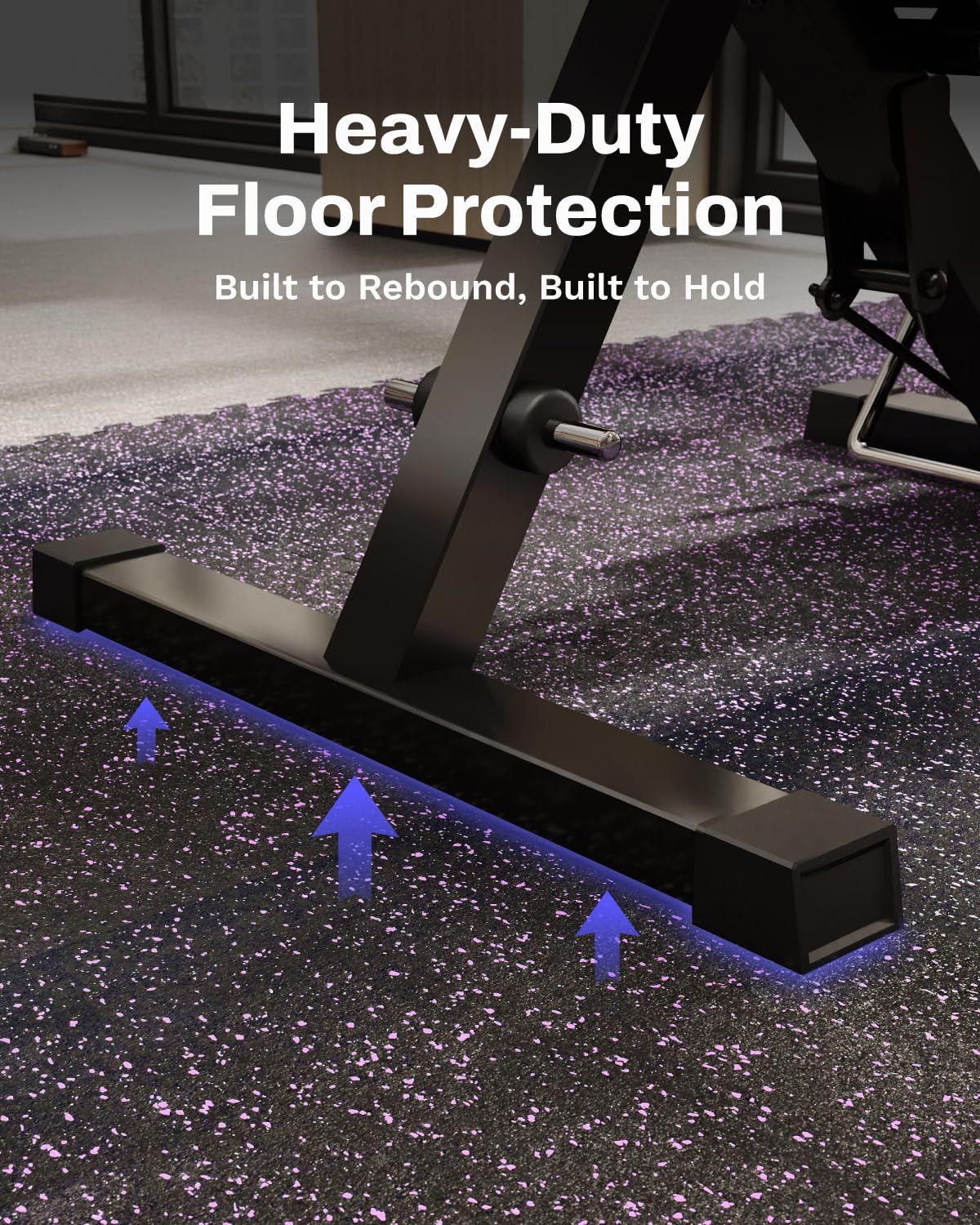 AIRHOP tile beside adjustable dumbbell for scale demonstrating sturdy support under weight