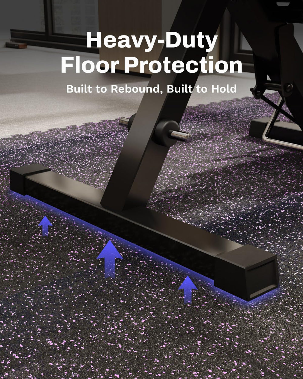 AIRHOP tile beside adjustable dumbbell for scale demonstrating sturdy support under weight
