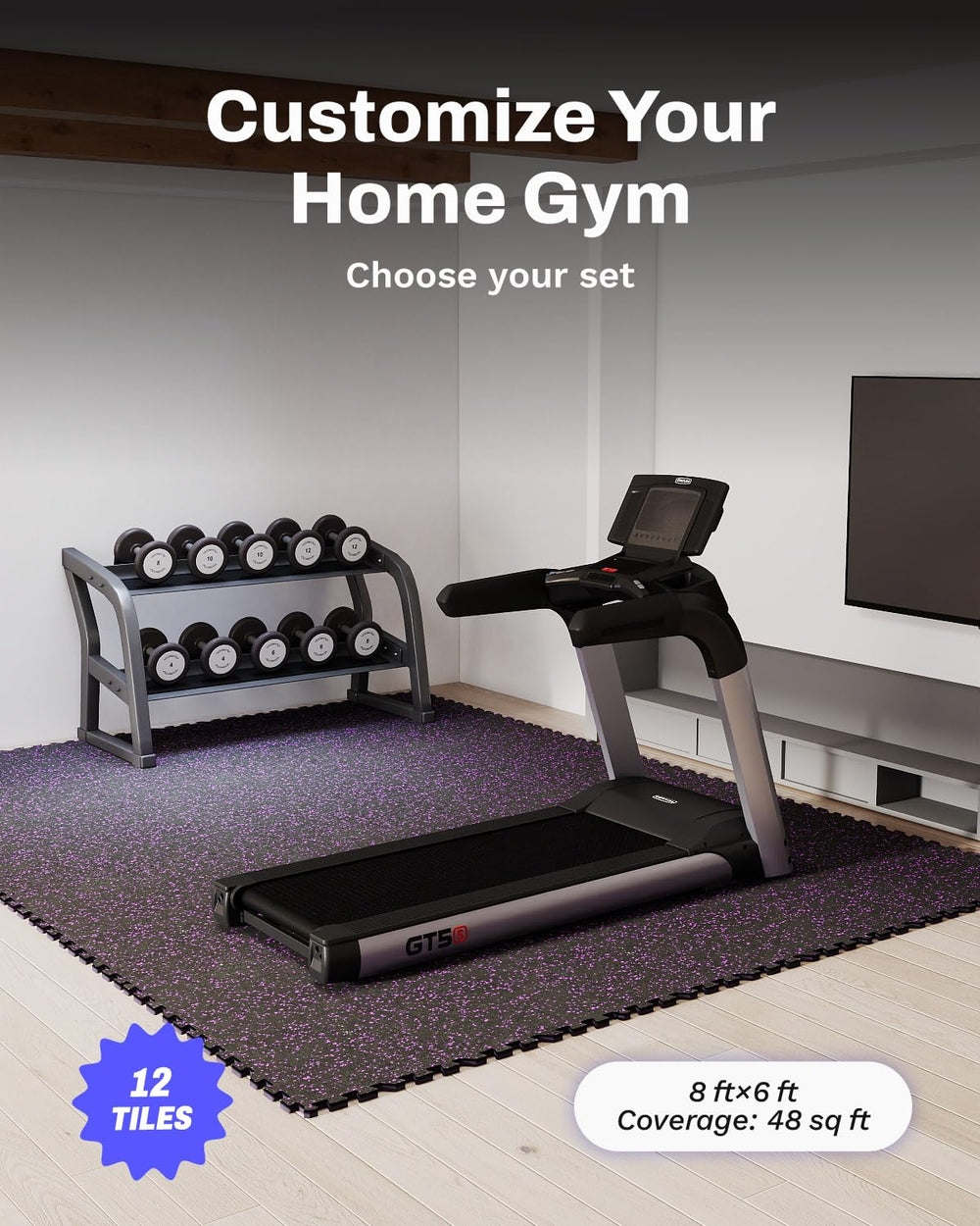 AIRHOP tiles installed in a garage gym under equipment showing reduced vibration and protection