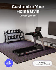 AIRHOP tiles installed in a garage gym under equipment showing reduced vibration and protection