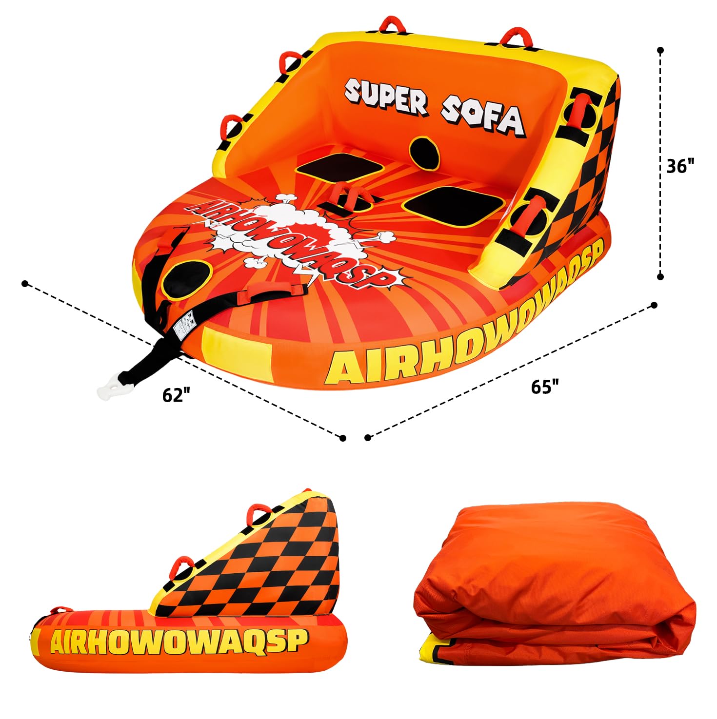 Airhowowaqsp towable in use with family enjoying stable, visible water ride