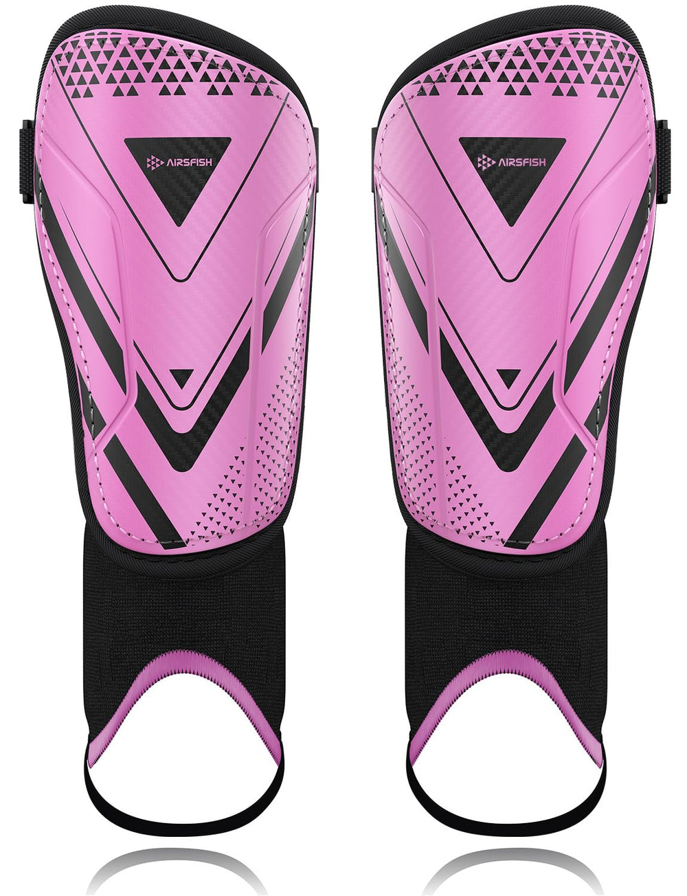 AirsFish front view pink shin guards showing full protection and comfortable fit