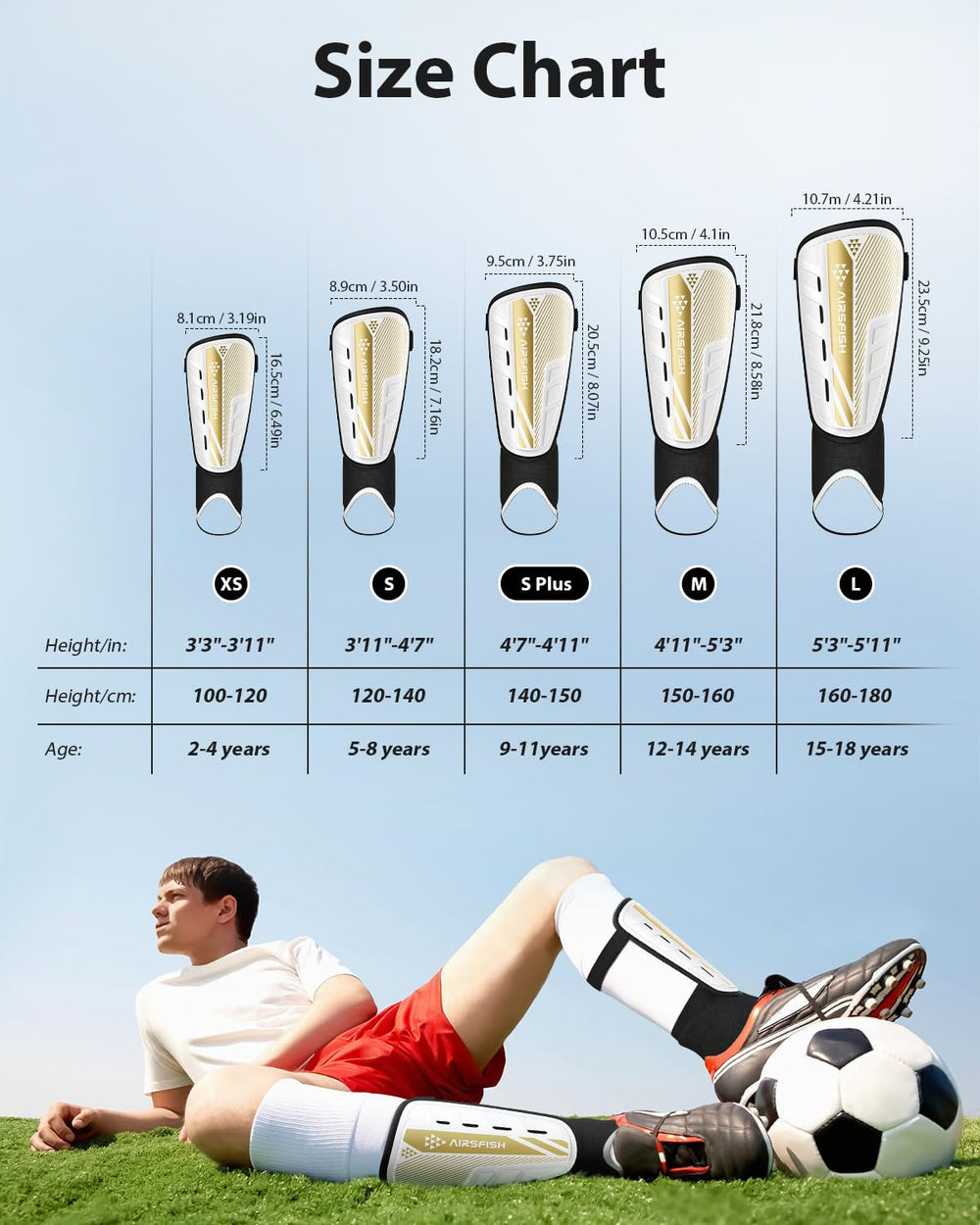 AirsFish shin guards beside a ruler showing size scale for proper fit