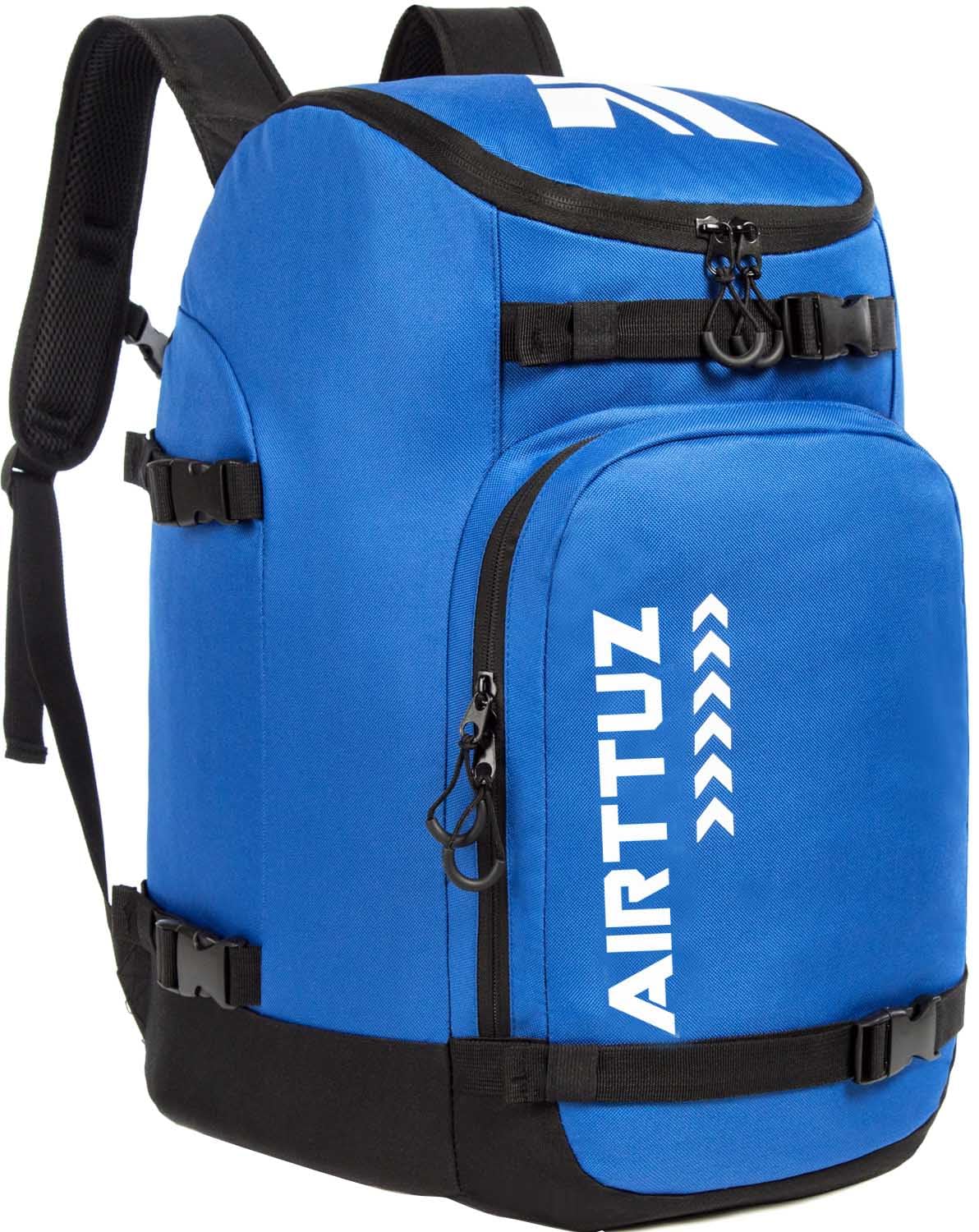 AIRTTUZ front view of blue boot bag showing pockets and zippers for organized travel