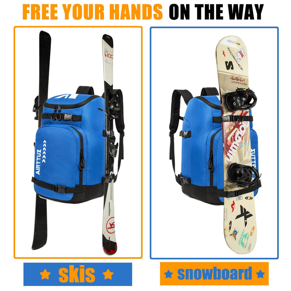 AIRTTUZ bag at ski resort next to skis showing travel-ready convenience