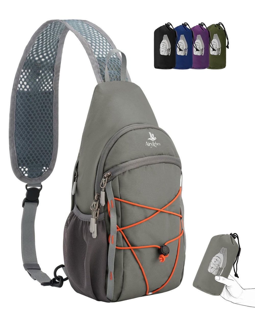 AiryLeben front view of sling bag showing compact pockets and zippered closure for easy access