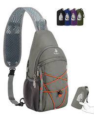 AiryLeben front view of sling bag showing compact pockets and zippered closure for easy access