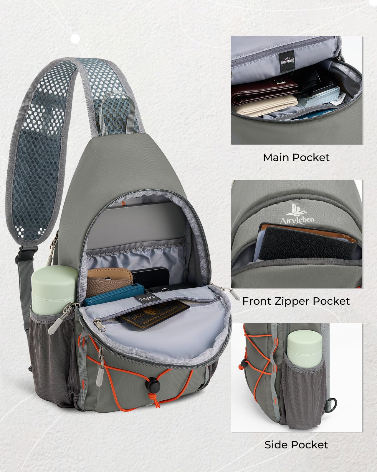 AiryLeben interior view with RFID pocket and dividers organizing cards and tablet safely