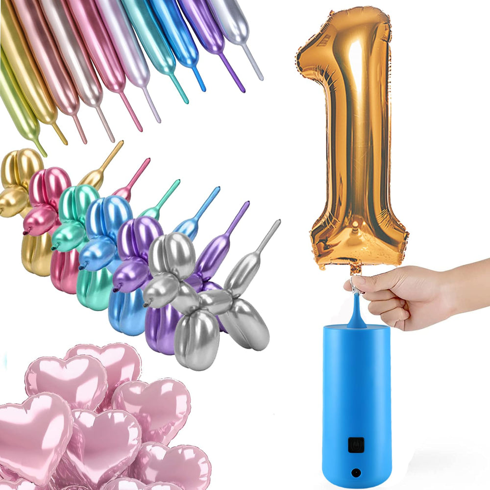 AJU JIAJIA front view of blue electric balloon pump showing compact design and fast inflation