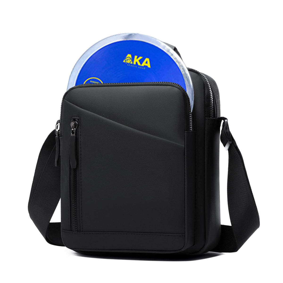AKABIKE front view of discus carrier showing organized pockets and durable shell for protection