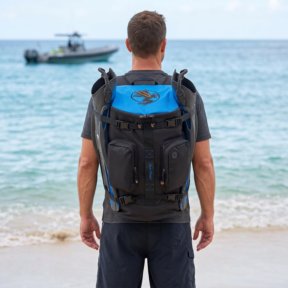 AKONA Globetrotter exterior fin straps securing dive fins for space-saving