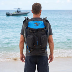 AKONA Globetrotter exterior fin straps securing dive fins for space-saving