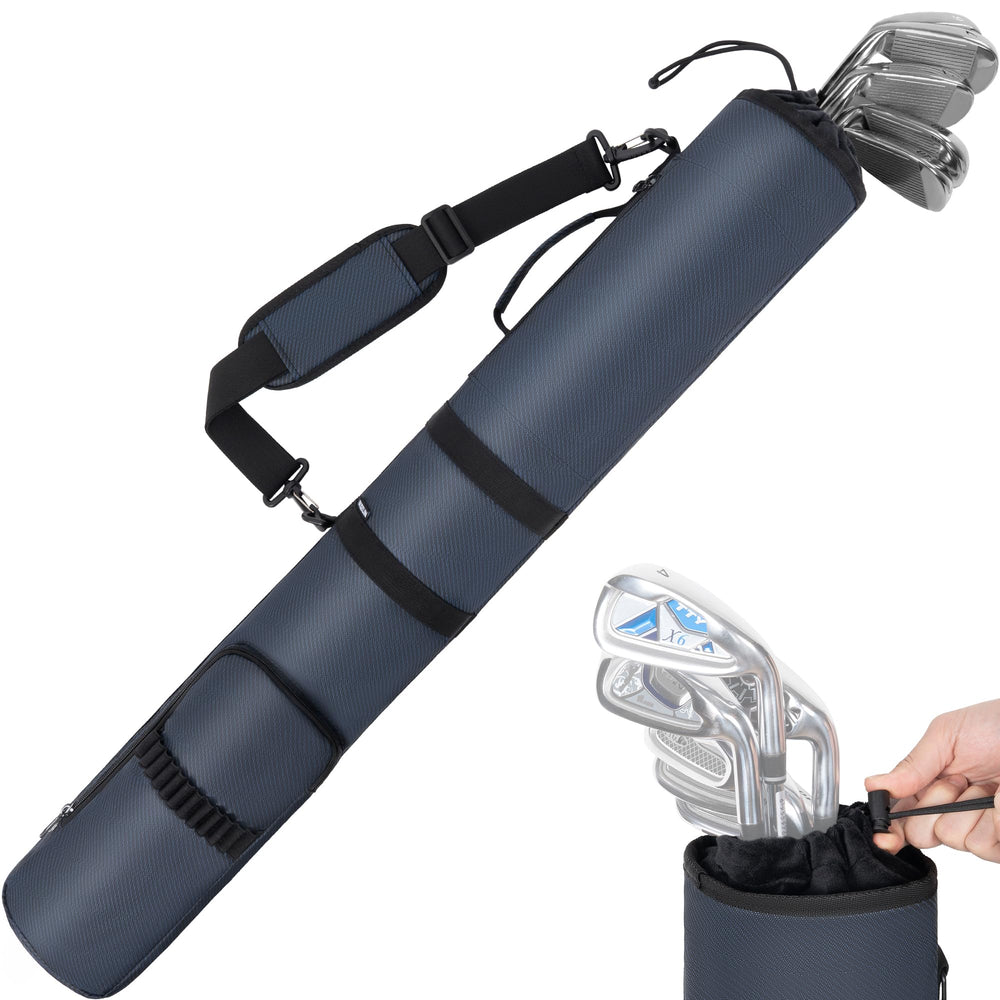 AKOZLIN front view of blue Sunday bag showing compact profile and pockets