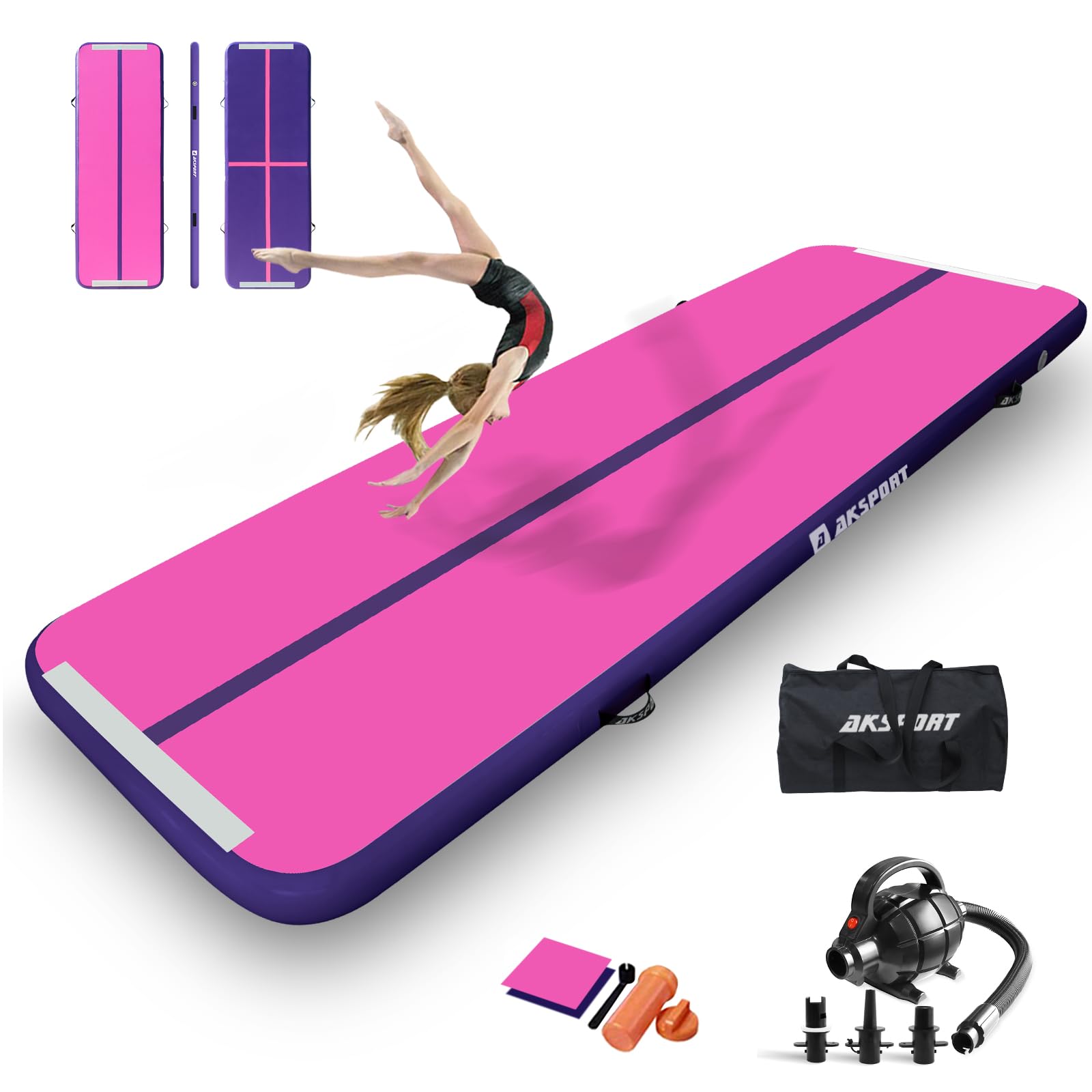 AKSPORT front view of 20ft fuchsia air mat showing full runway and color, ideal for training