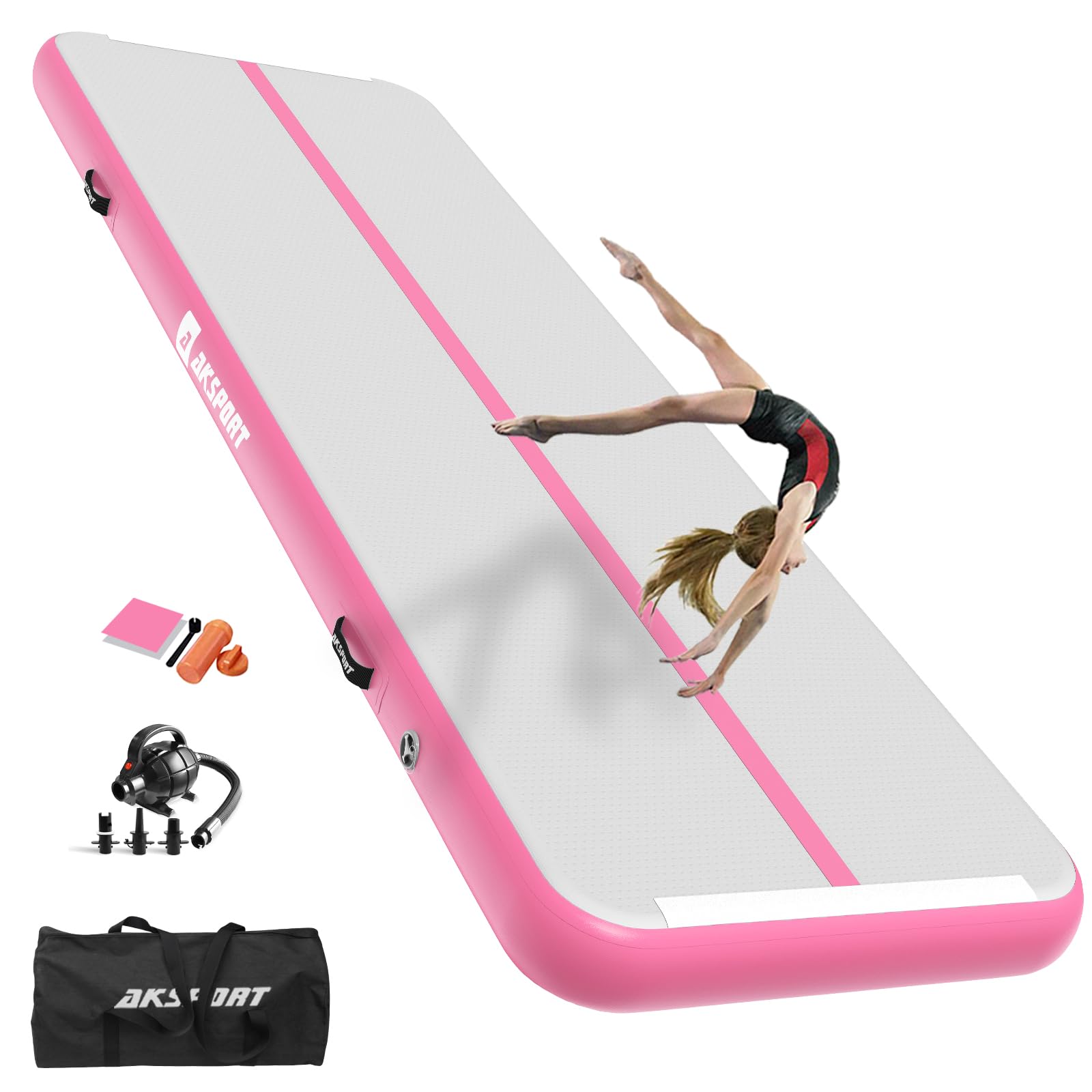 AKSPORT front view of pink air mat showing full length and stable training surface benefit