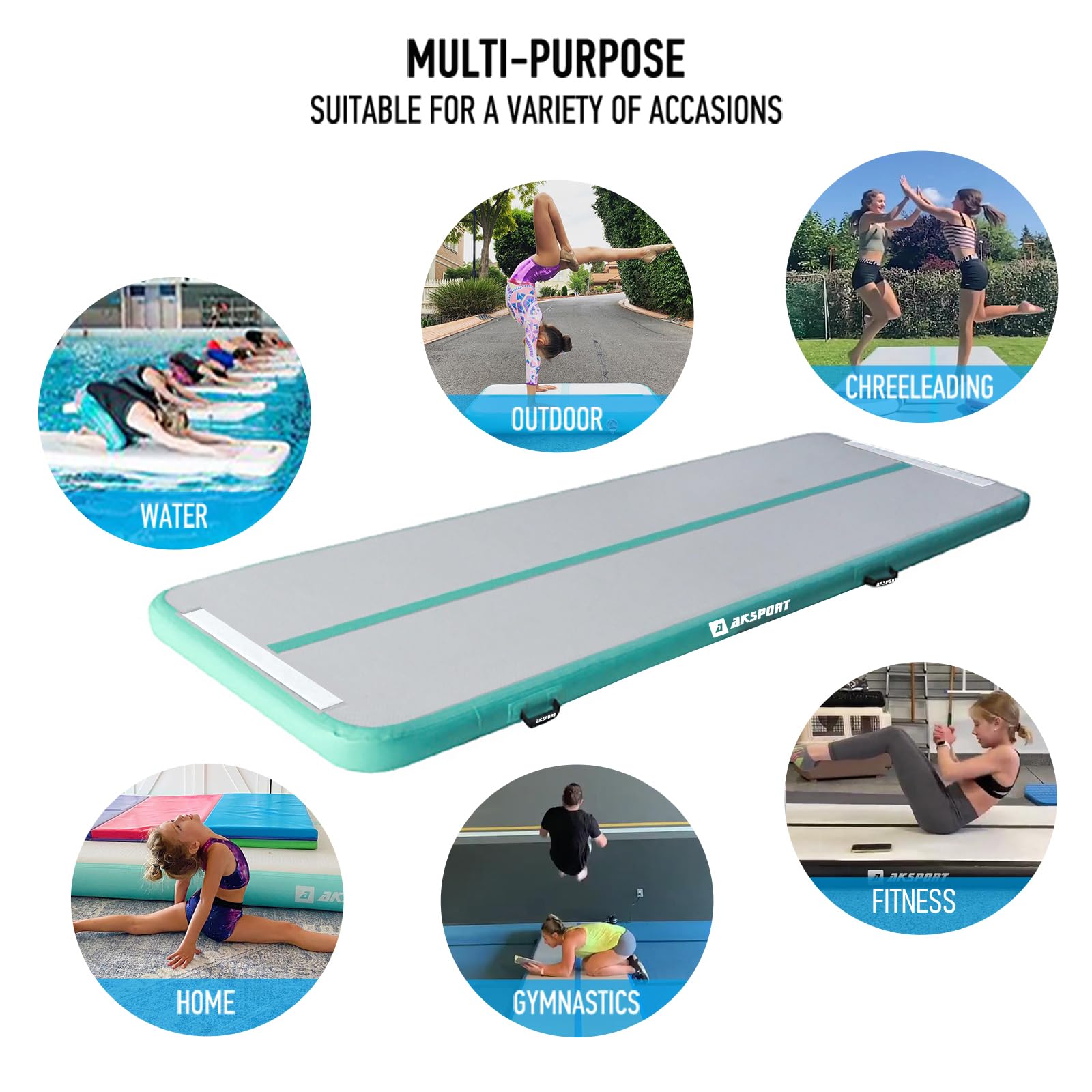 AKSPORT mat next to person for scale showing 9.84ft length and usable training area