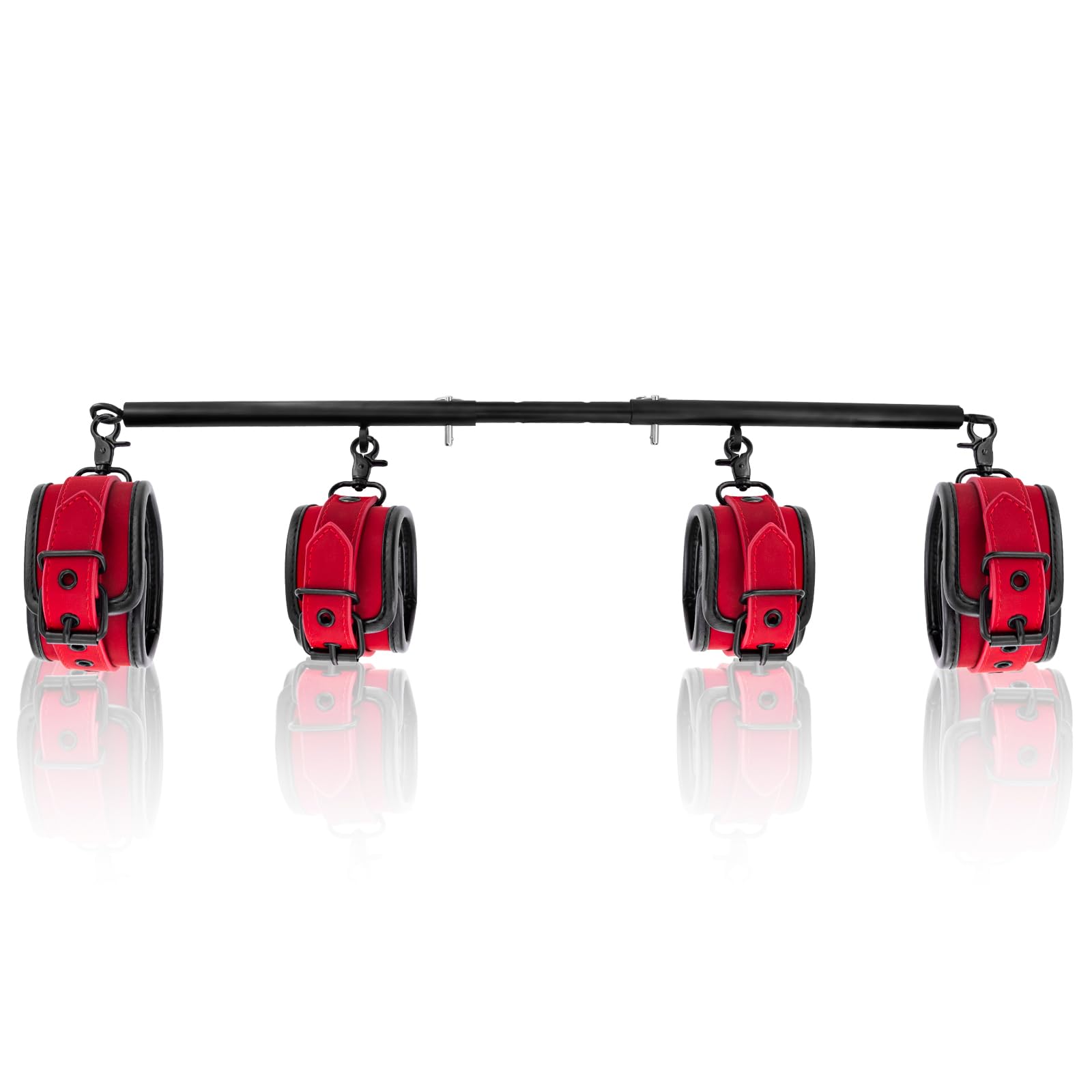 AlatinGlow front view of red spreader bar showing full product and straps, supports safer stretching