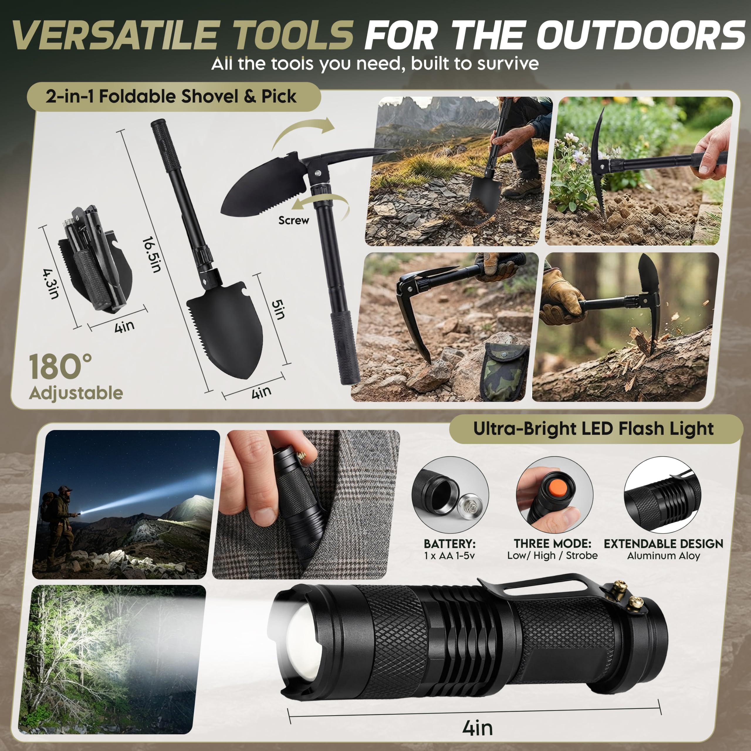 Alertoa flashlight and compass closeup for reliable navigation and illumination