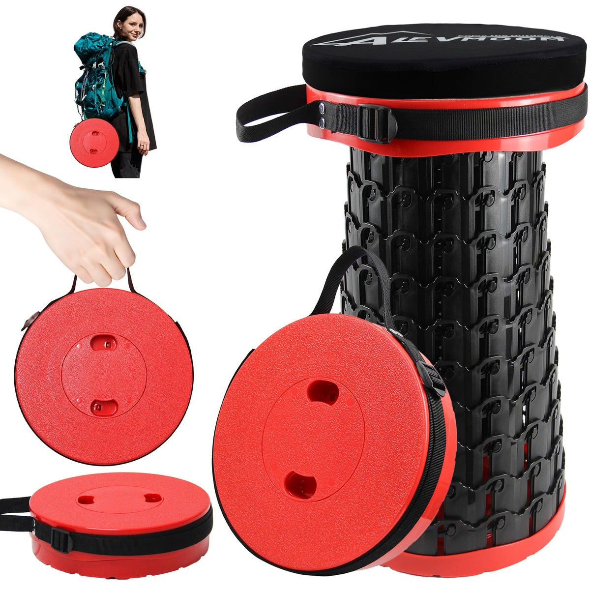ALEVMOOM front view of folded red stool shows compact portability and quick setup
