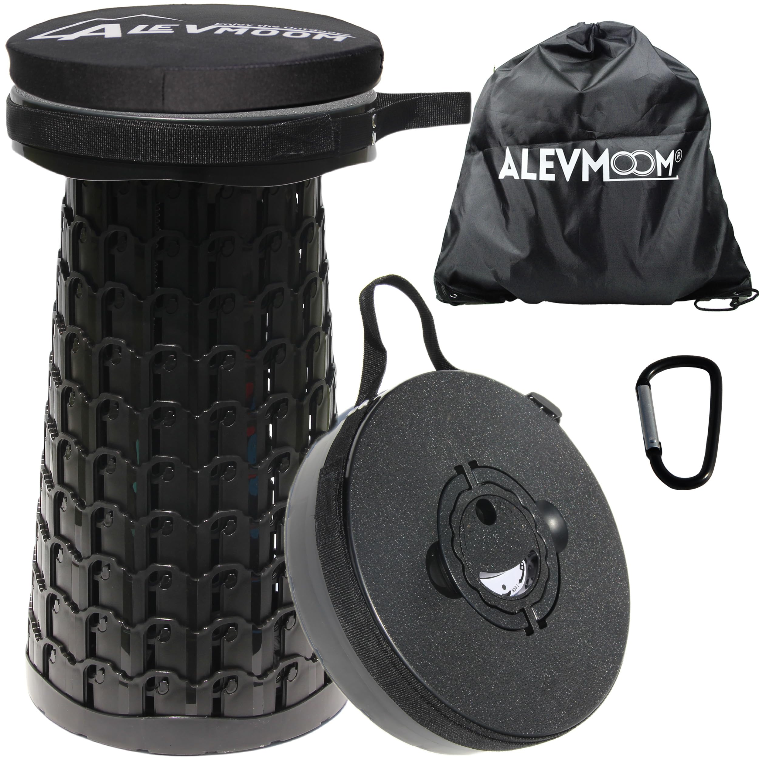 ALEVMOOM front view of packed collapsible stool for easy transport