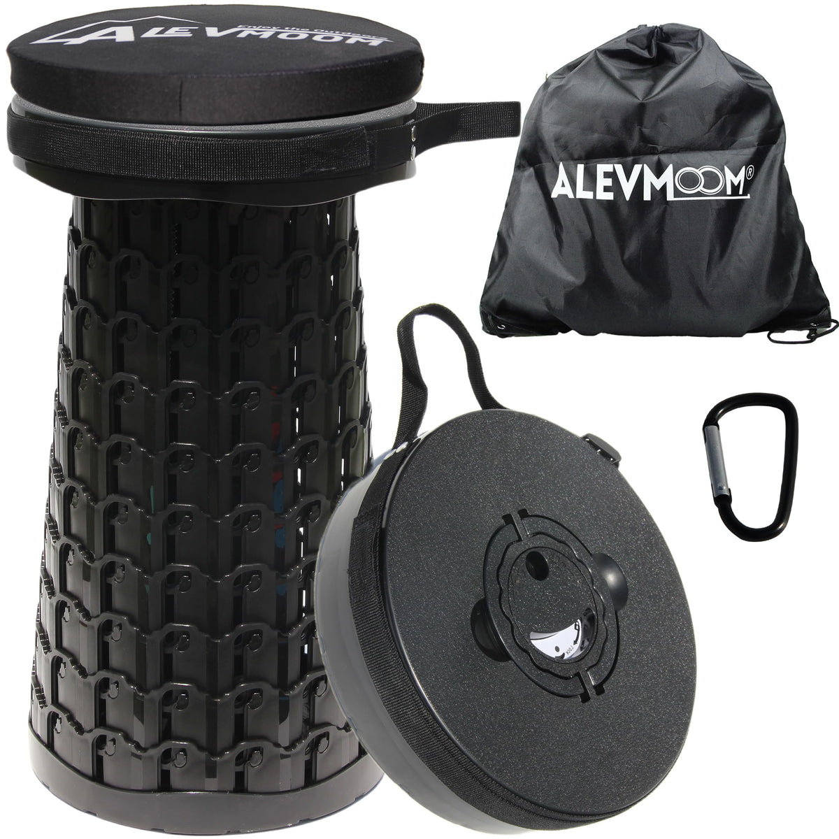 ALEVMOOM front view of packed collapsible stool for easy transport
