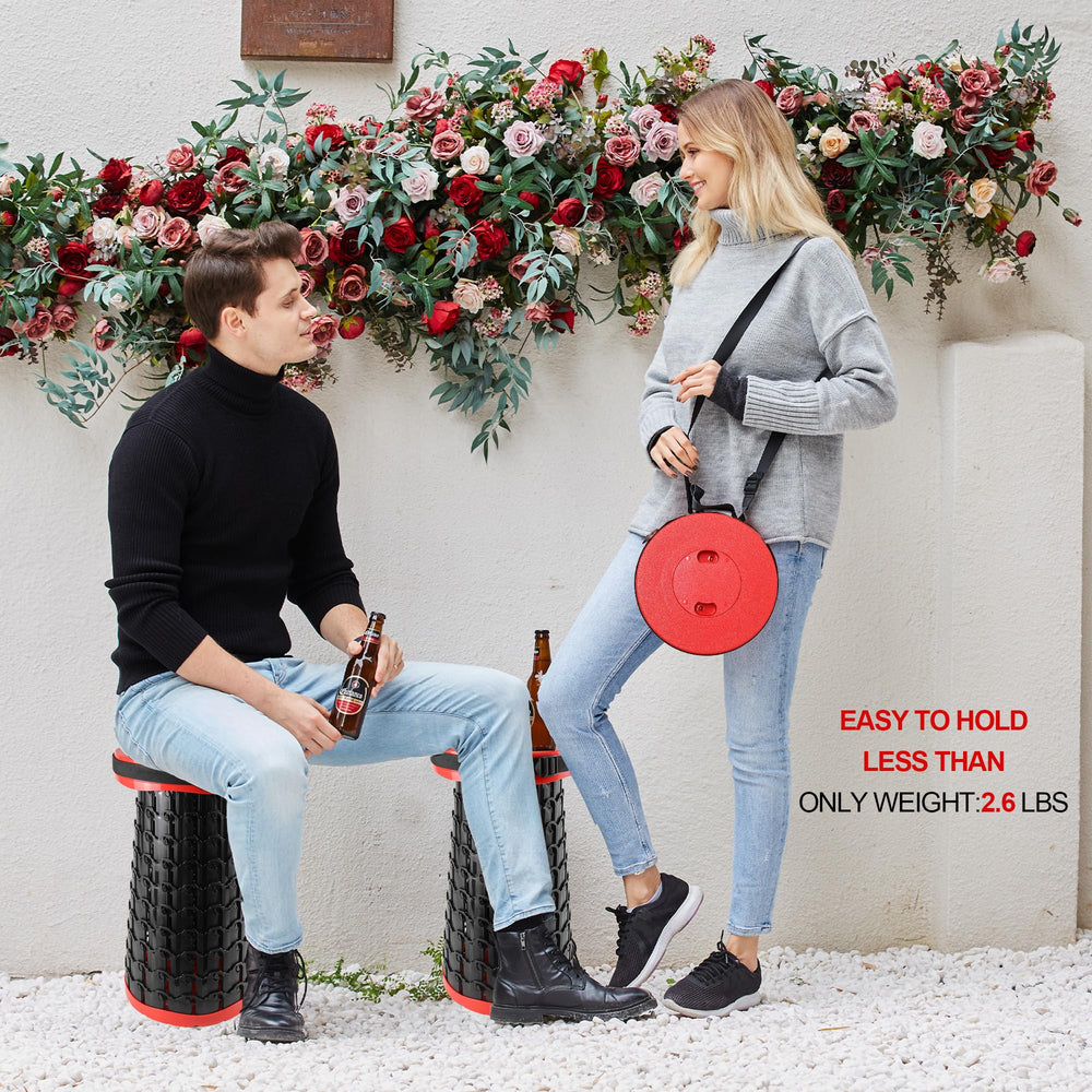 ALEVMOOM red stool in garden setting showing durable use for yard work