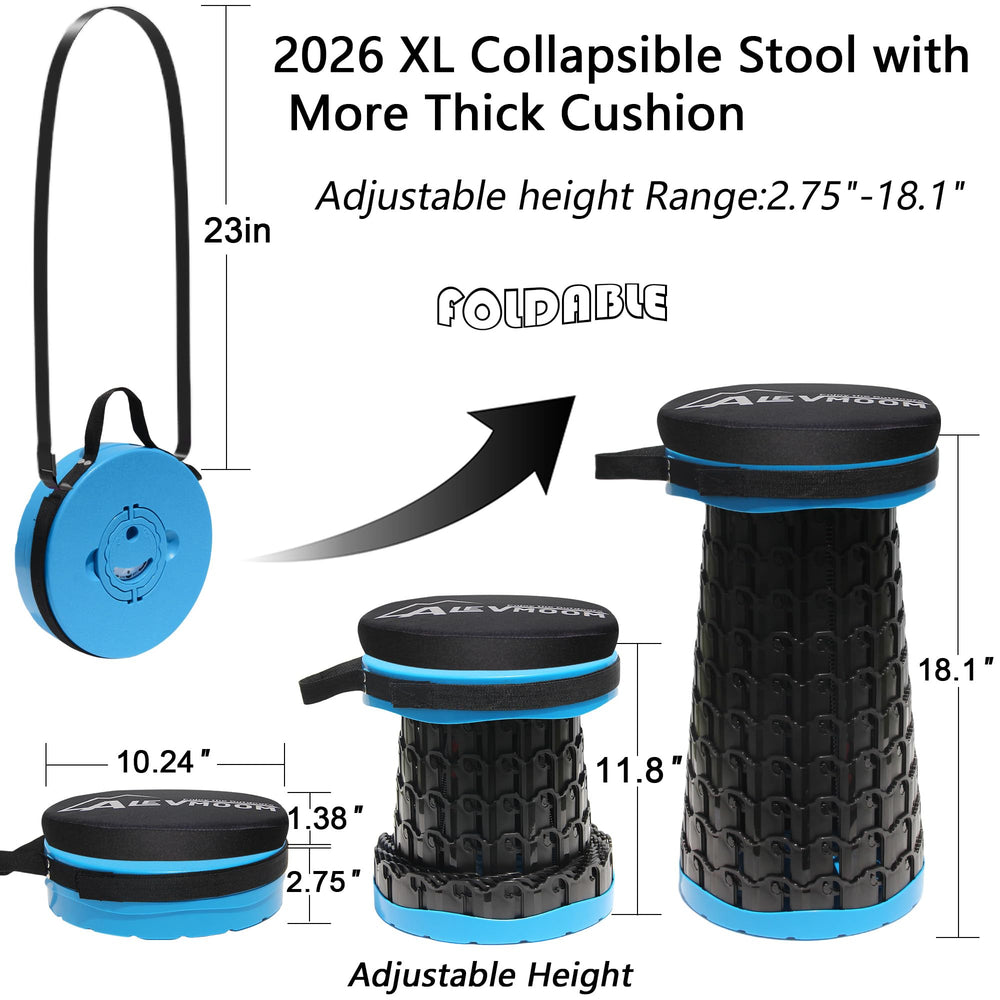ALEVMOOM collapsed stool demonstrating compact packed size for easy transport