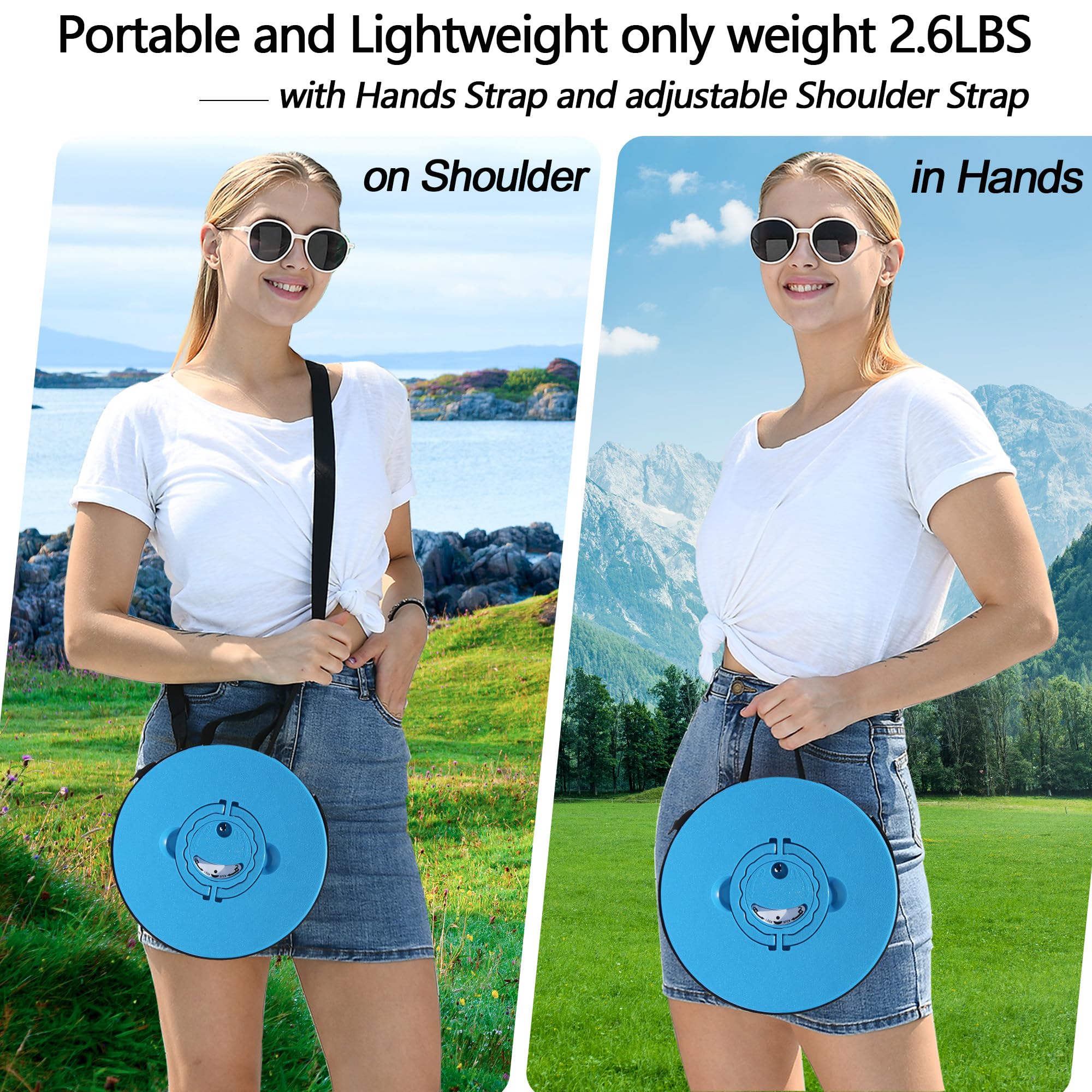 ALEVMOOM carried by shoulder strap showing portability and hands-free transport