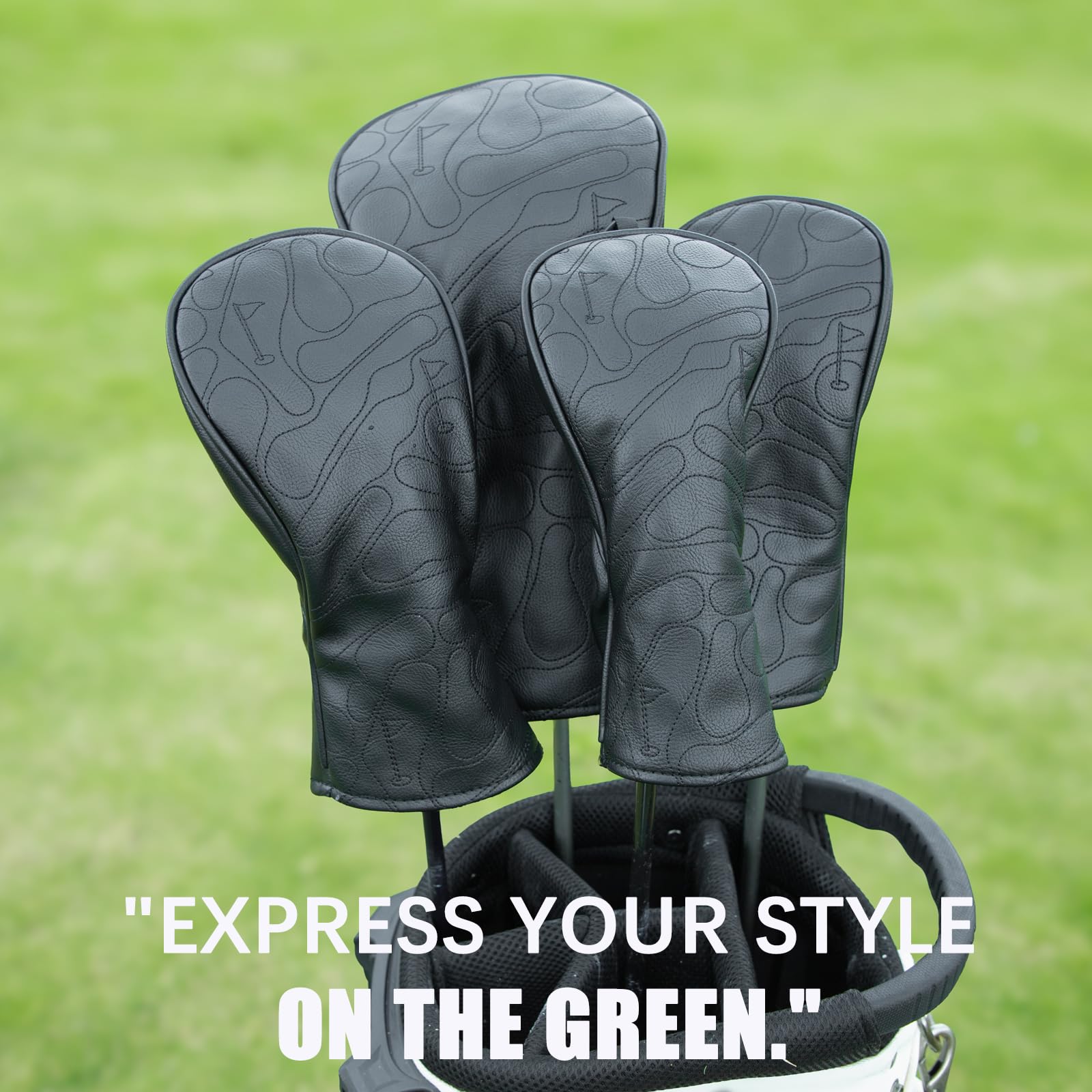 Aliennana covers on a golf bag in use adding visual flair and easy club selection benefit