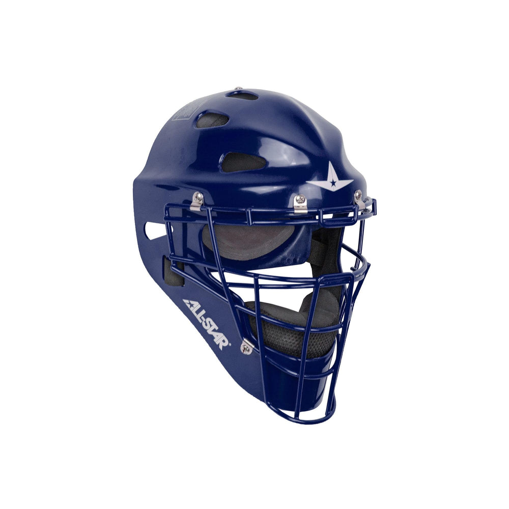 All-Star close-up of youth catching helmet showcasing secure fit and ventilation benefit