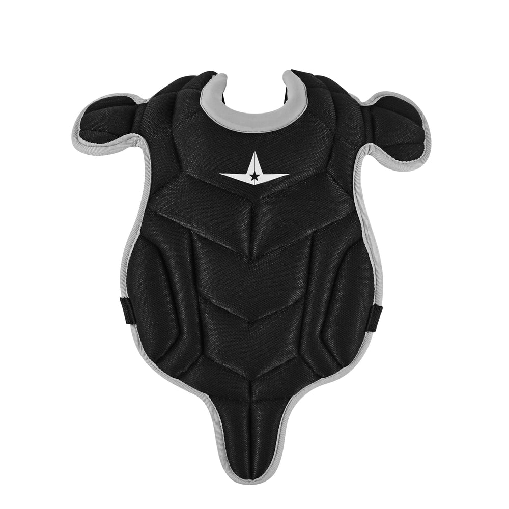 All-Star chest protector close-up showing clipless fit and quick adjustment benefit